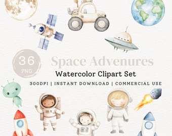 Cute Space Astronaut Watercolor Clipart Bundle, Printable Planet Sticker Illustrations, Adorable Nursery Decor, Invitation Art, Instant PNG