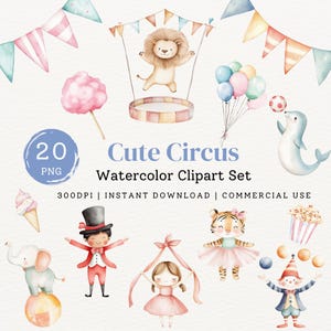Cute Circus Watercolor Clipart Bundle, Adorable Carnival Animals, Birthday Party Invitation Art, Colorful Nursery Decor, Instant PNG