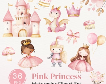 Paquete de imágenes prediseñadas de acuarela de princesa rosa, ilustraciones para invitaciones de cumpleaños de niña, gráficos de unicornio mágico bohemio para guardería, PNG instantáneo