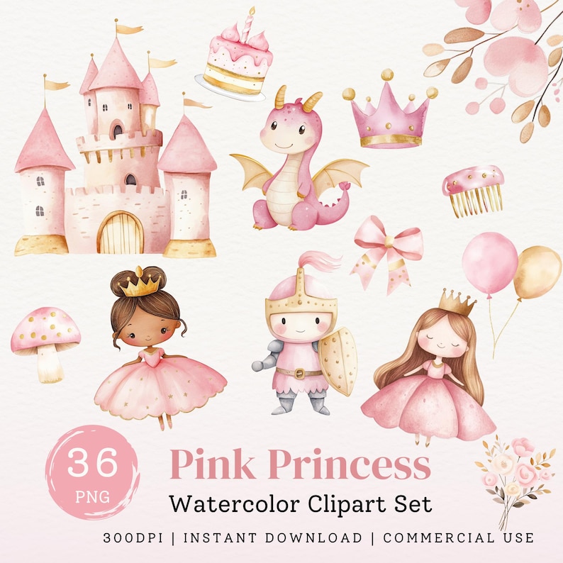 Cute Pink Princess Watercolor Clipart Bundle, Girl Birthday Party ...