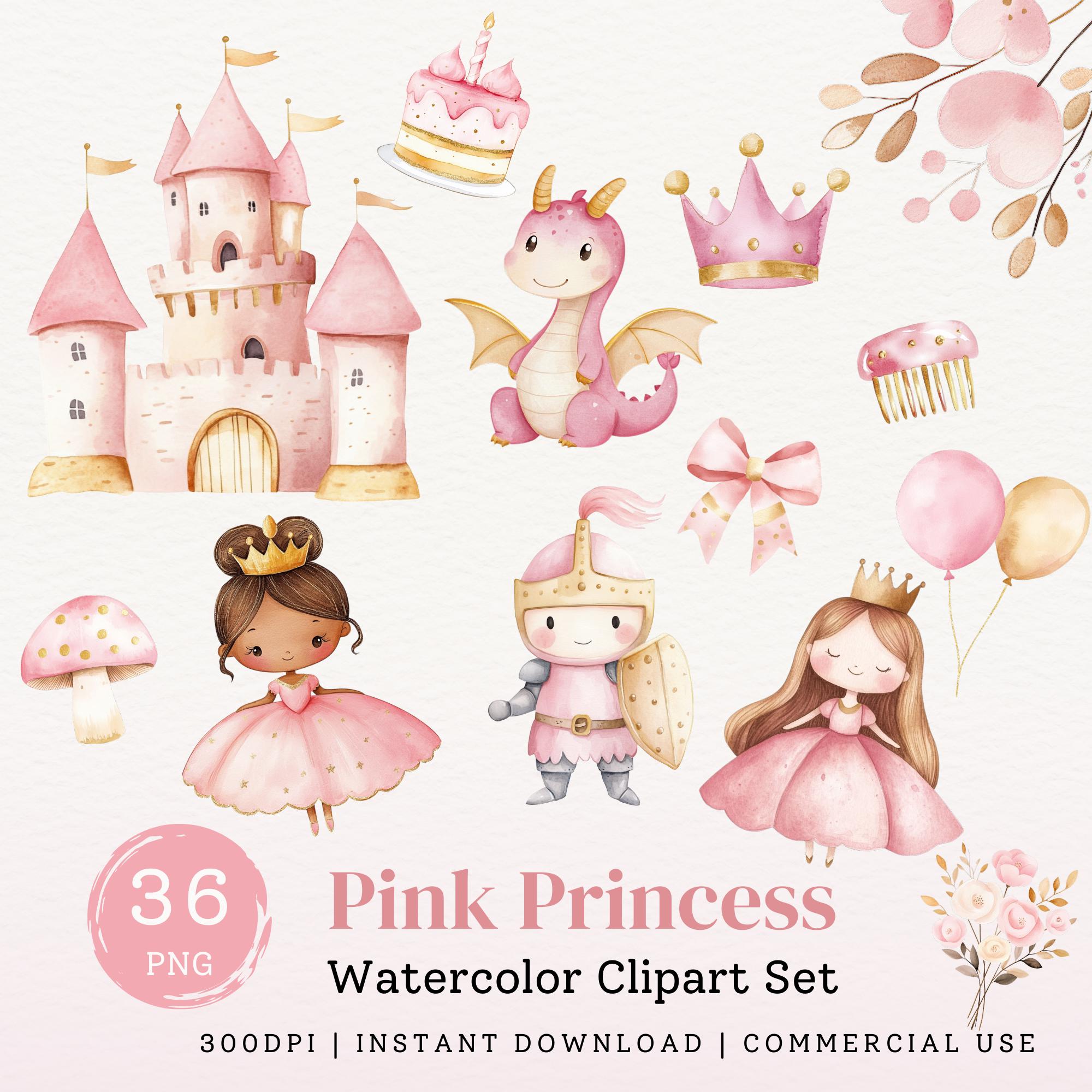 Cute Pink Princess Watercolor Clipart Bundle, Girl Birthday Party ...