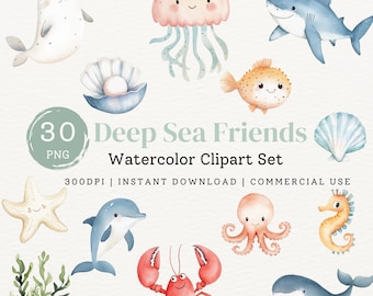Cute Deep Sea Ocean Creatures Watercolor Clipart Bundles, Printable Baby Animal Sticker Illustrations, Adorable Sealife Nursery Decor PNG