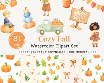 Cute Cozy Fall Watercolor Clipart Bundles, Printable Boho Autumn Sticker Illustrations, Whimsical Thanksgiving DIY Crafts Commercial Use PNG