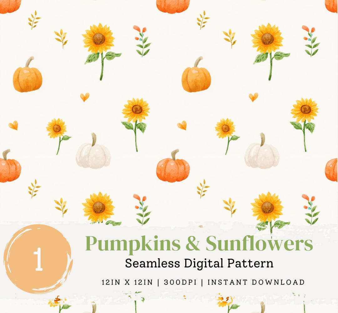 Watercolor Fall Pumpkins and Sunflower Digital Pattern, Cozy Autumn ...