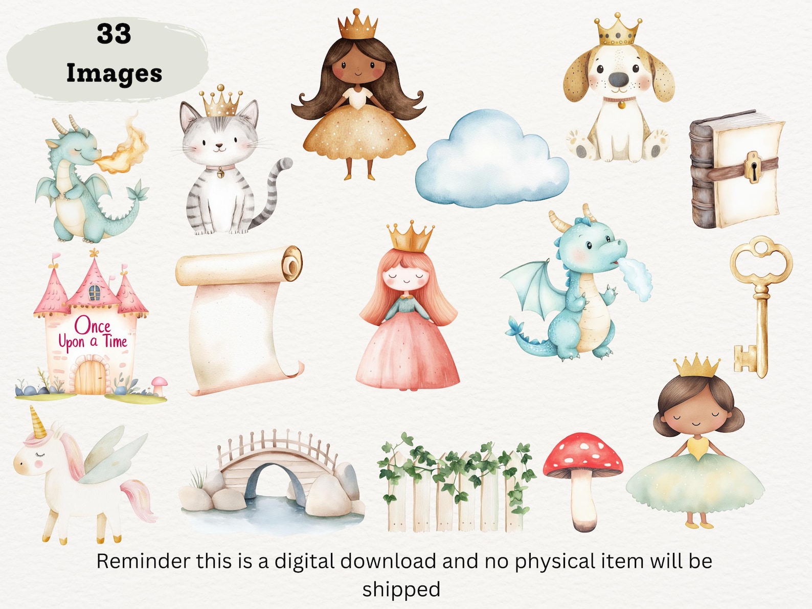 Cute Magical Fairytale Watercolor Clipart Bundle, Storybook Birthday ...