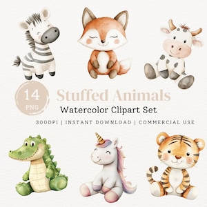 Pacote de clipart de aquarela de animais de pelúcia fofos, ilustração de brinquedo de pelúcia adorável, unicórnio fofo, urso de pelúcia, arte de berçário boho, PNG instantâneo
