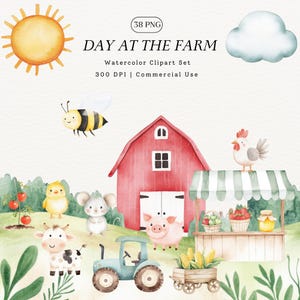 Pacote de clipart de aquarela de fazenda fofa, ilustrações de adesivos digitais de animais bebês, gráficos de horta rústica, download instantâneo PNG