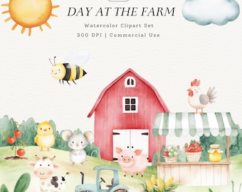 Cute Farm Watercolor Clipart Bundle, Baby Animals Digital Sticker Illustrations, Rustic Vegetable Garden Graphics, Instant Download PNG