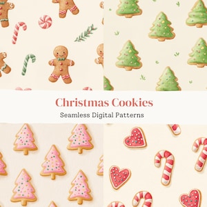 Può includere: Una collezione di motivi digitali senza cuciture con biscotti natalizi. I motivi includono omini di pan di zenzero, alberi di Natale, bastoncini di zucchero e biscotti a forma di cuore, il tutto in stile acquerello. Il testo "Christmas Cookies" è visualizzato.