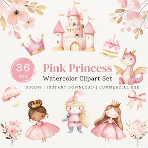 Niedliches rosa Prinzessin Aquarell Clipart Bundle, Mädchen-Geburtstags-Party Illustrationen einladen, Boho magische Einhorn-Kinderzimmer-Grafik, Instant PNG