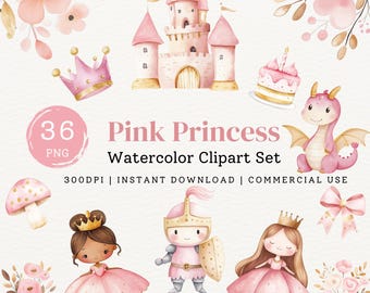 Cute Pink Princess Watercolor Clipart Bundle, Girl Birthday Party Invite Illustrations, Boho Magical Unicorn Nursery Graphics, Instant PNG