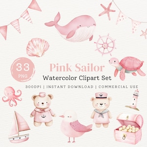 Pacchetto di clipart di acquerello di marinaio rosa carino, inviti di compleanno digitali di animali marini nautici, arte della scuola materna del faro, download immediato di PNG
