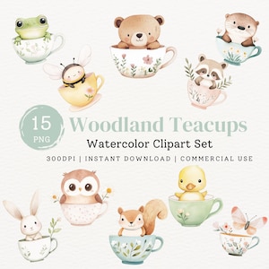 Schattige baby bosdieren in theekopjes aquarel clipart bundel, lente kinderkamer digitale illustraties, schattig bos Instant Download PNG