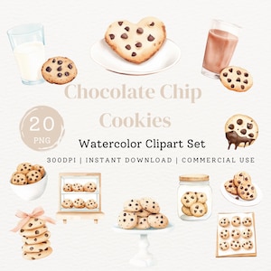 Cute Chocolate Chip Cookie Watercolor Clipart Bundle, Sweet Bakery Dessert Illustrations, Milk and Cookie Food Graphic, Digital Download PNG