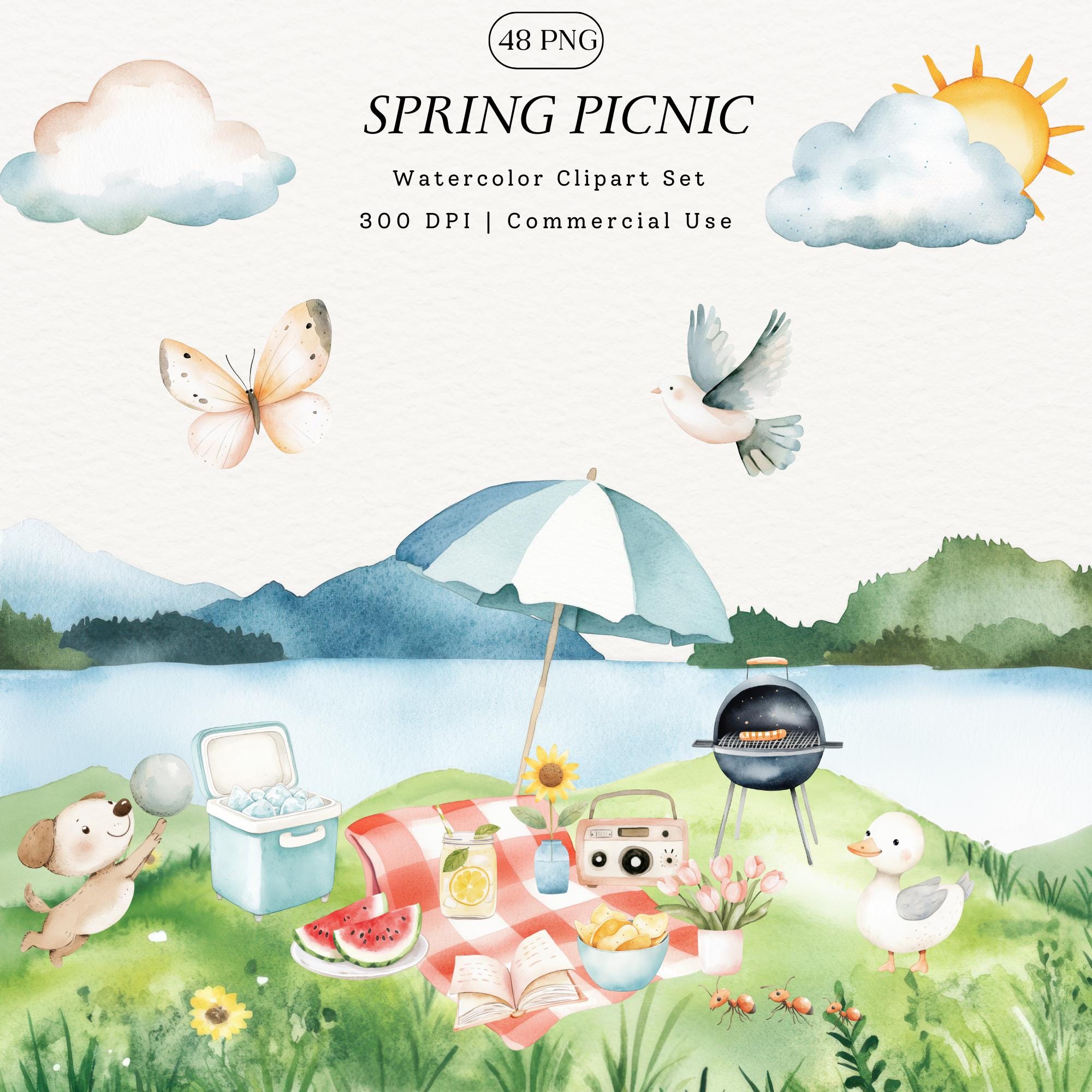 Cute Spring Picnic Watercolor Clipart Bundle, Outdoor Summer Lunch Illustrations, Camping Picnic Basket Graphics, Digital Download PNG