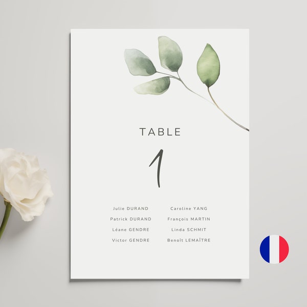 Eucalyptus wedding table plan, printable table number, Provence wedding table plan, French wedding seating plan template