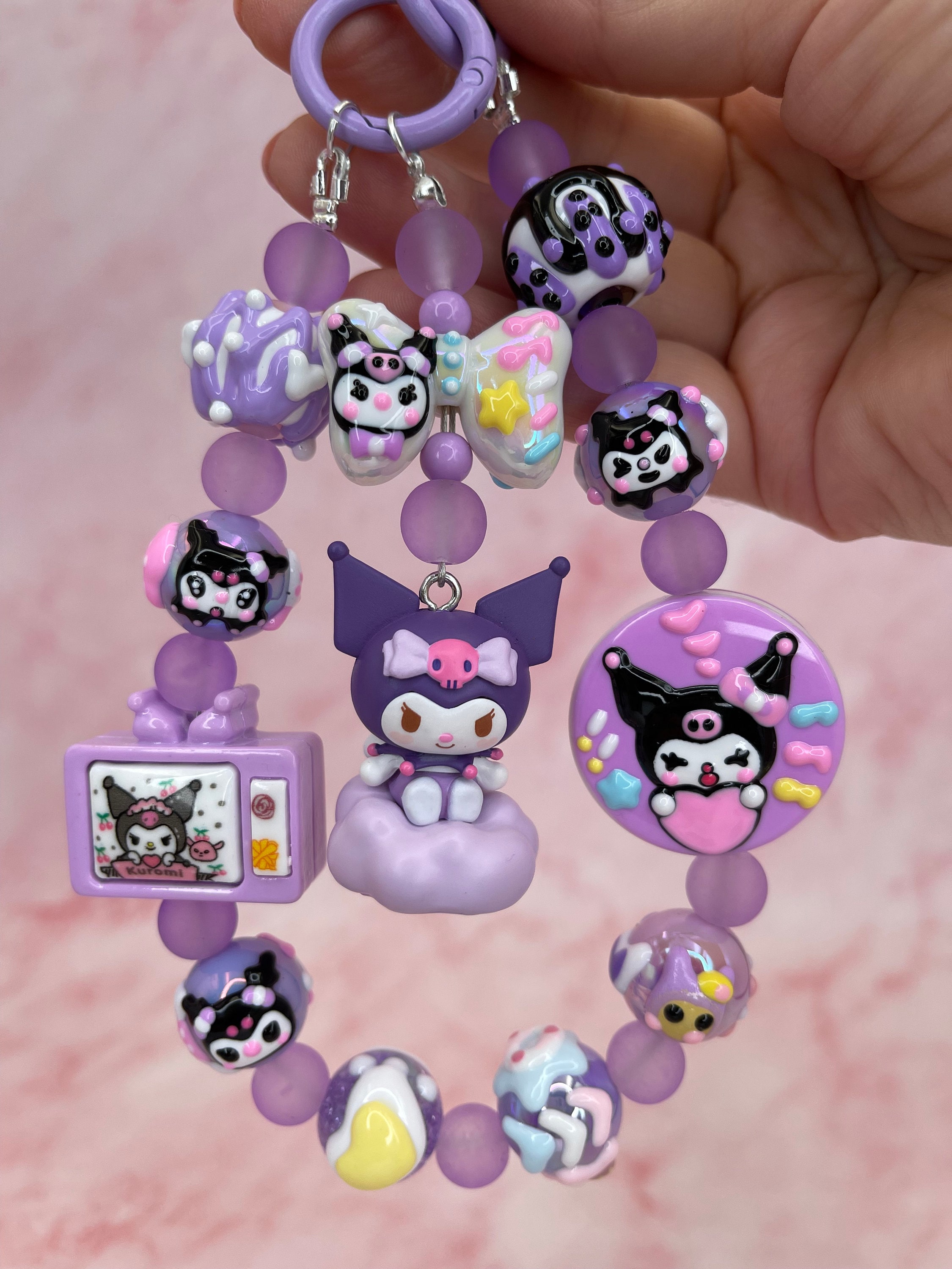Handmade Kuromi, Sanrio, Light Up, Hand Painted Beads, Phone Charm 