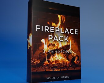 Op de afbeelding: Een productdoos met de witte woorden "FIREPLACE PACK" en daaronder "3 VERSIONS". De afbeelding op de doos toont een open haard met brandende houtblokken en vlammen. De onderkant van de doos heeft de tekst "VISUAL LAURENCE".
