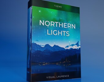 May include: A product box featuring a landscape scene with the text "NORTHERN LIGHTS". The box has a dark green top with the word "THEME" and the author's name "VISUAL LAURENCE" at the bottom. The background shows a lake, mountains, and the aurora borealis.