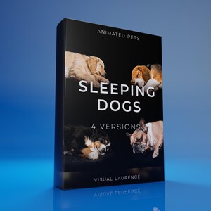 Op de afbeelding: Een zwarte doos met de titel "SLEEPING DOGS" en de tekst "ANIMATED PETS" bovenaan. De doos bevat afbeeldingen van vier verschillende slapende honden. De onderkant van de doos luidt "VISUAL LAURENCE".