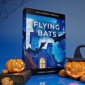 May include: A Halloween-themed book titled "Flying Bats" with a blue and white cover featuring a spooky house silhouette and bats. Two carved pumpkins with glowing faces and a spiderweb are in the foreground.