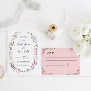 Invitación de boda con flores rosas de colores - plantilla de canva - invitación elegante para el día de la boda