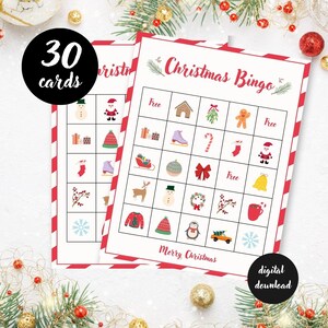 Kerstbingo 30 kaarten - afdrukbaar kerstspel voor kinderen - Kerstkaartspellen - kinderbingospel