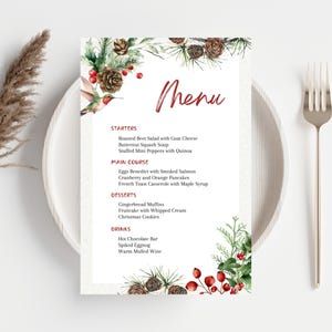 Christmas menu template with christmas tree branches - dinner menu for the holidays - printable christmas menu in canva