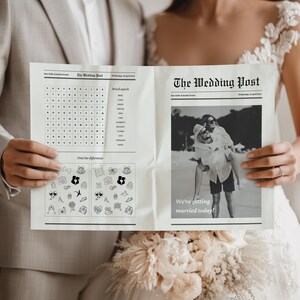 Wedding newspaper template - programm for a wedding day with time line and games - newspaper form made in canva