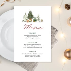 Christmas menu template minimalistic with christmas trees - dinner menu for the holidays - printable christmas menu in canva