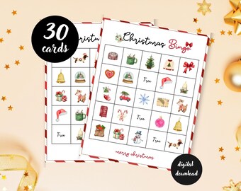 Op de afbeelding: Twee kerstbingokaarten met feestelijke illustraties, waaronder een kerstboom, een kerstmuts en cadeaus. De kaarten hebben een rood-witte gestreepte rand en de tekst "Christmas Bingo" en "merry christmas". Een zwarte cirkel leest "30 kaarten".