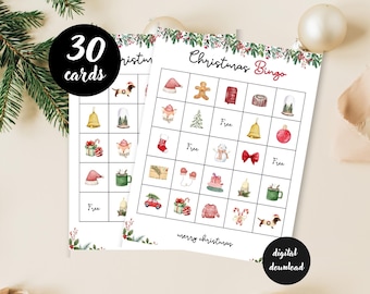Op de afbeelding: Een printbaar kerstbingo-spel met 30 kaarten. De bingokaart bevat verschillende kerstthema-afbeeldingen, waaronder een peperkoekman, een sneeuwpop, een sok, een bel, een snoepstok en een kerstboom. De tekst "Christmas Bingo" en "Merry Christmas" staat op de kaart gedrukt.