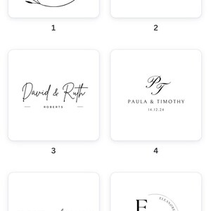 May include: A collection of six square white cards featuring black typography and graphic designs. The designs include circular leaf frames, minimalist lines, elegant script names, and monogram initials with dates, labeled with numbers one through six.