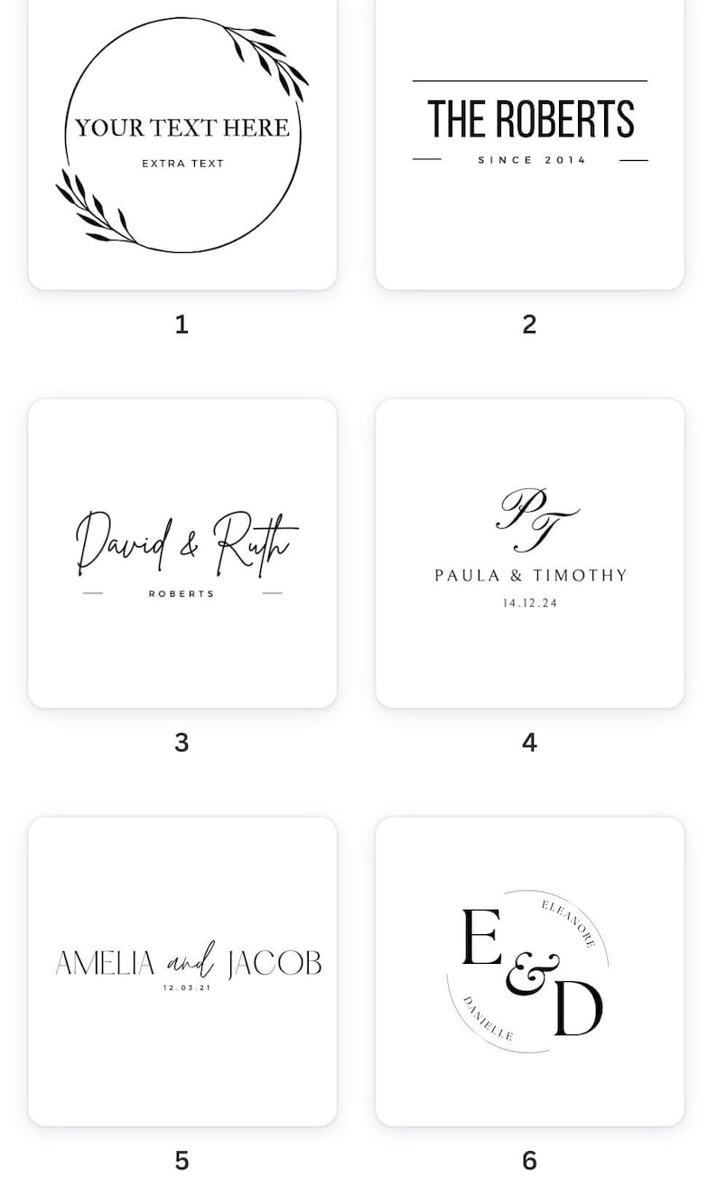 May include: A collection of six square white cards featuring black typography and graphic designs. The designs include circular leaf frames, minimalist lines, elegant script names, and monogram initials with dates, labeled with numbers one through six.