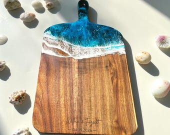 Large Engraved Resin Ocean Waves Charcuterie Board - Coastal Personalized CheeseBoard, Unique Beach Wedding Gift, Bespoke Family Cheeseboard