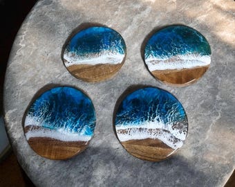 Ocean Resin Untersetzer Geschenk Hochzeit | Strand Themed Tischdekoration | Handgefertigte Küstengetränk-Untersetzer | Verlobungs- & Einweihungsgeschenk-Set