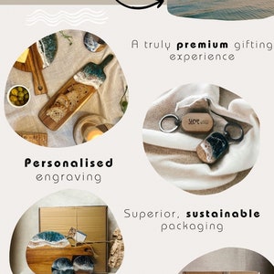 May include: A collection of wooden serving boards and keychains featuring blue and white resin ocean wave designs. The image includes text stating Handcrafted in Cornwall, A truly premium gifting experience, Personalised engraving, Superior, sustainable packaging, and Arvor Studio Cornwall.