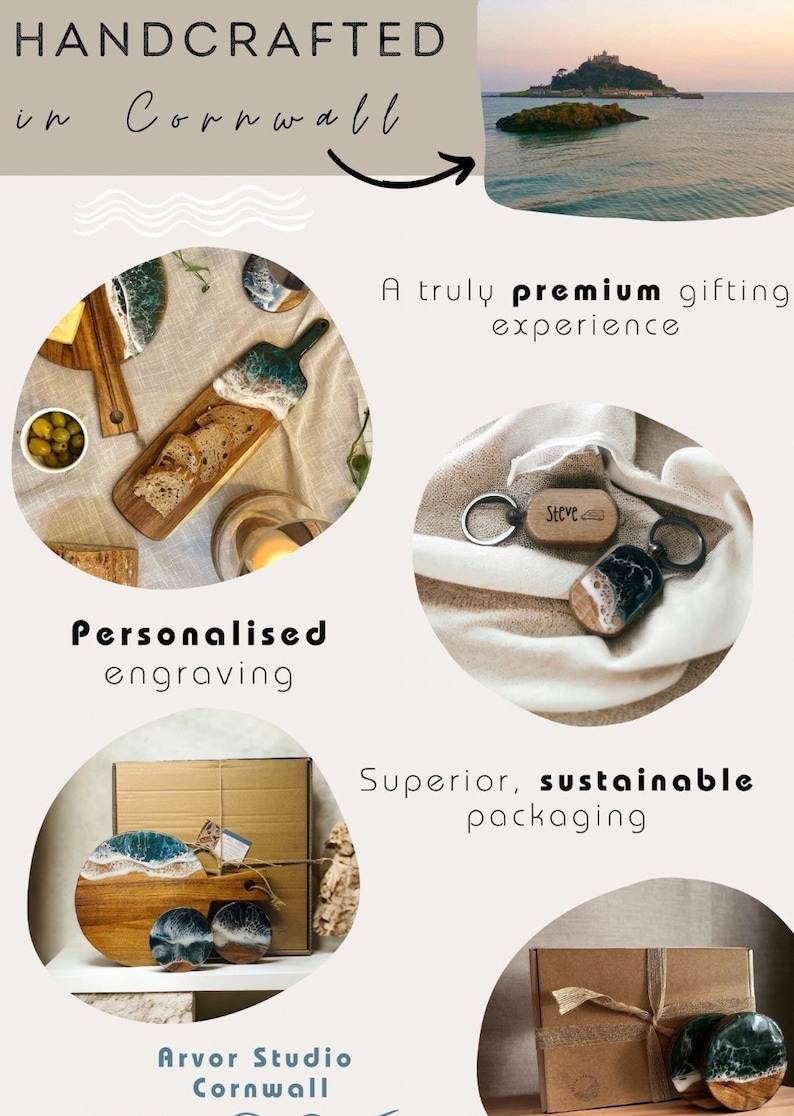 May include: A collection of wooden serving boards and keychains featuring blue and white resin ocean wave designs. The image includes text stating Handcrafted in Cornwall, A truly premium gifting experience, Personalised engraving, Superior, sustainable packaging, and Arvor Studio Cornwall.