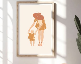 May include: A digital download of a minimalist illustration of a mother and child in warm tones. The mother is wearing a hat and a dress, and the child is wearing a dress and holding the mother's hand.