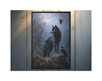 Gothic Wolf Raven Art Print, Mystical Forest Decor, Wildlife Print