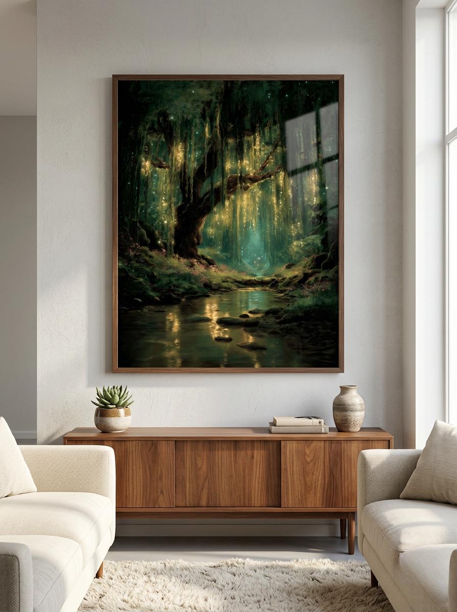 Weeping Willow Art Print, Mystical Woodland Firefly Canvas Wall Art ...