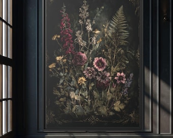 May include: A framed floral print featuring a dark background with a variety of flowers in shades of red, pink, yellow, and white. The artwork is framed in a black frame with gold accents, creating a vintage aesthetic. The print is displayed on a dark wall.