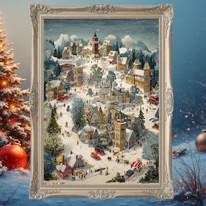 Nostalgic Snowy Village Print | Vintage Christmas Wall Art | Winter Wonderland Decor | Retro Holiday Scene