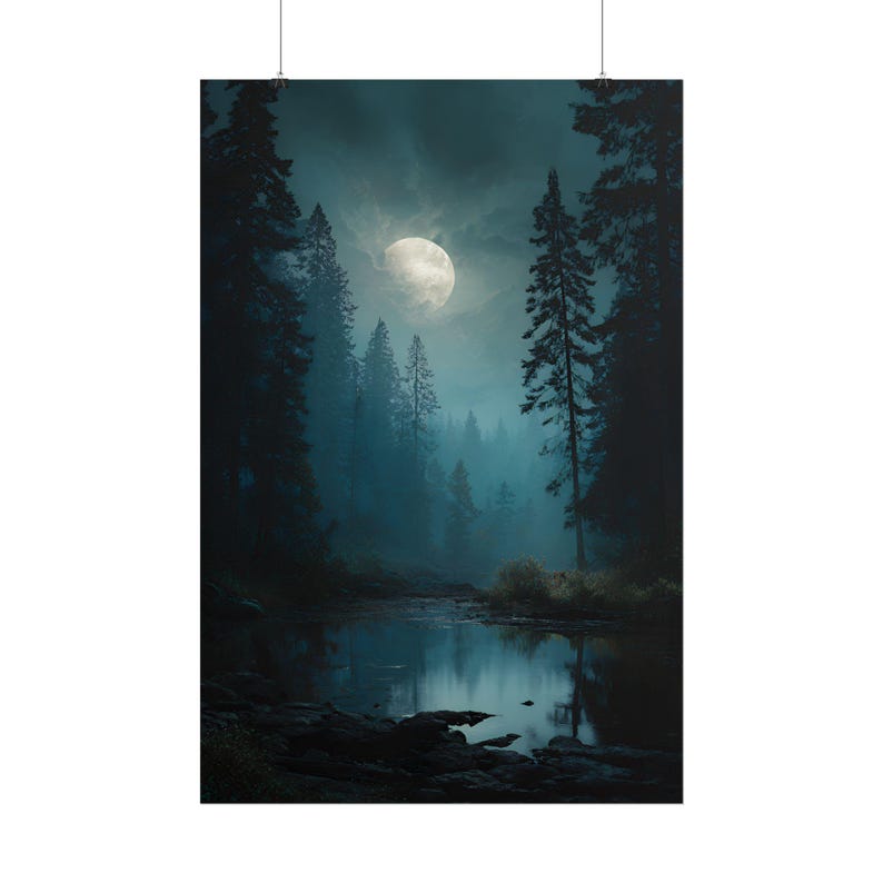 Misty Forest Lake Painting Print | Floral Landscape Wall Art - Etsy