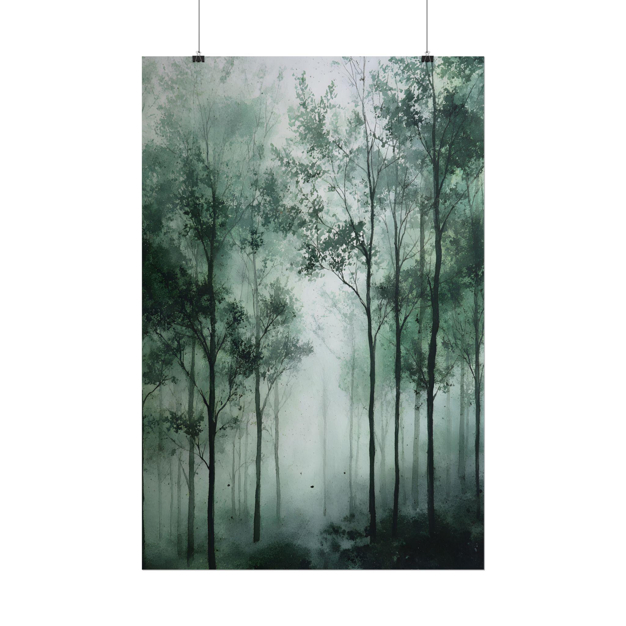 Mysterious Foggy Forest Landscape Art Print | Moody Woodland Wall Decor ...