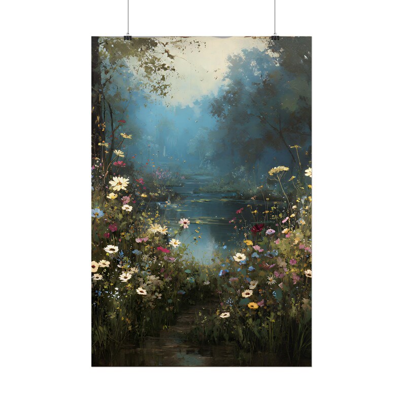 Misty Garden Pond Painting Print | Floral Landscape Wall Art - Etsy