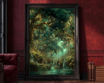 Mystical Waterfall Art Print | Enchanted Forest Fantasy Wall Art