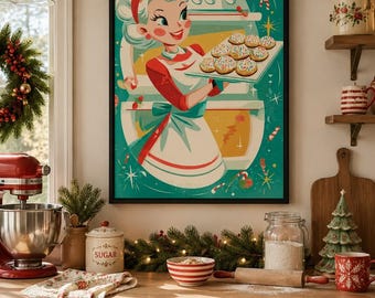 Retro Christmas Baking Print | Vintage 1950s Holiday Kitchen Decor | Classic Xmas Wall Art