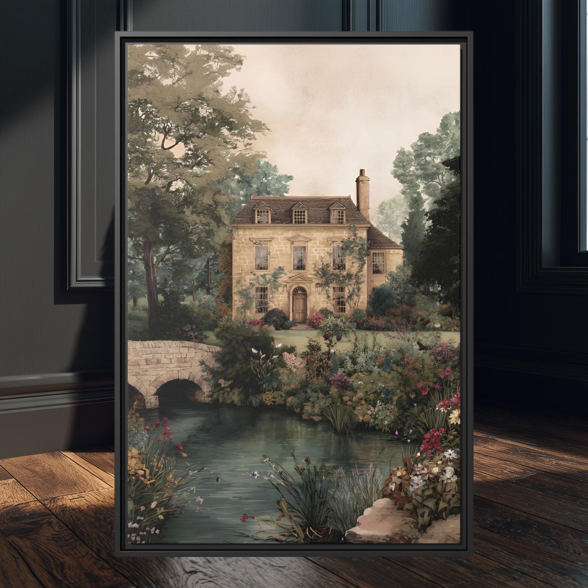 Cottage Garden Landscape Print | Vintage River House Art, English ...