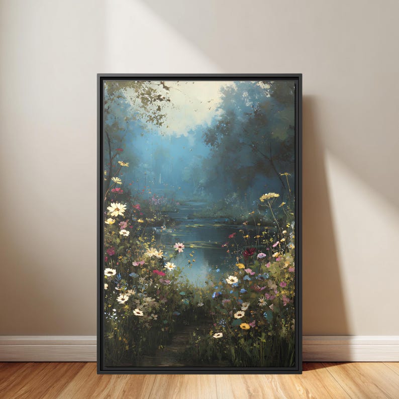Misty Garden Pond Painting Print | Floral Landscape Wall Art - Etsy